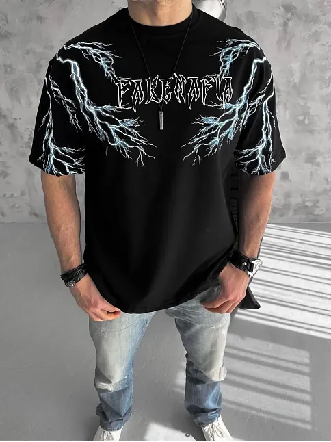 Erkek Bisiklet Yaka Yıldırım Baskılı  Kısa Kol T-shirt-siyah