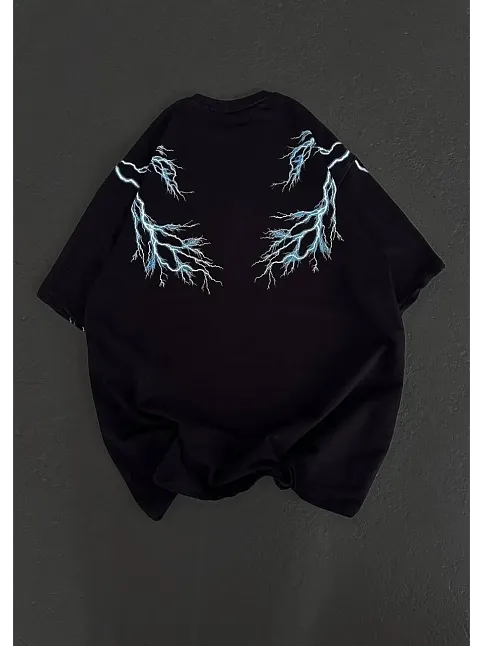 Kadın Bisiklet Yaka Baskılı  Kısa Kol Oversize T-shirt - Siyah