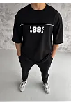Erkek Kısa Kol Yazlık Tişört Bisiklet Yaka Baskılı Oversize T-shirt - Siyah