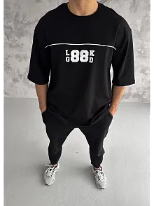 Erkek Kısa Kol Yazlık Tişört Bisiklet Yaka Baskılı Oversize T-shirt - Siyah