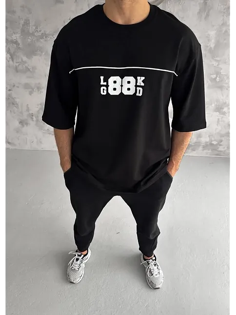 Erkek Kısa Kol Yazlık Tişört Bisiklet Yaka Baskılı Oversize T-shirt - Siyah
