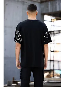 Erkek Yıldırım Şimşek Baskılı T-shirt Kısa Kol Bisiklet Yaka Tişört - Siyah