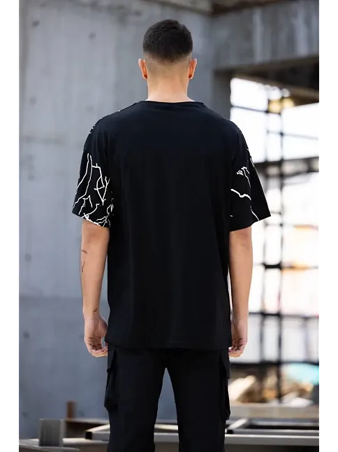 Erkek Yıldırım Şimşek Baskılı T-shirt Kısa Kol Bisiklet Yaka Tişört - Siyah