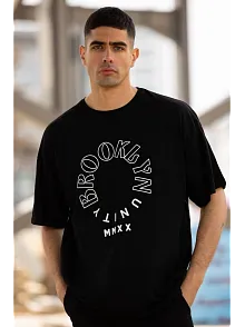 Erkek Baskılı T-shirt Kısa Kol Bisiklet Yaka Regular Fit Rahat Kalıp Günlük Tişört - Siyah