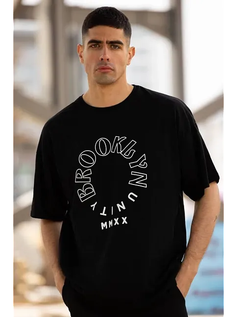 Erkek Baskılı T-shirt Kısa Kol Bisiklet Yaka Regular Fit Rahat Kalıp Günlük Tişört - Siyah