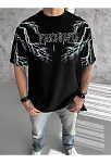 Erkek Bisiklet Yaka Tişört Yıldırım Şimşek Baskılı Kısa Kol T-shirt -siyah