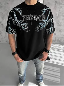 Erkek Bisiklet Yaka Tişört Yıldırım Şimşek Baskılı Kısa Kol T-shirt -siyah