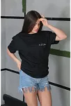 Kadın Bisiklet Yaka Baskılı Kısa Kol Oversize T-shirt - Siyah