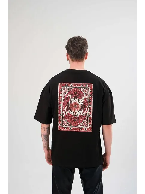 Erkek Kısa Kol Yazlık Tişört Bisiklet Yaka Baskılı Oversize T-shirt - Siyah