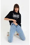 Kadın Baskılı T-shirt Kısa Kol Bisiklet Yaka Oversize Rahat Kalıp Günlük Tişört   - Siyah