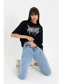 Kadın Baskılı T-shirt Kısa Kol Bisiklet Yaka Oversize Rahat Kalıp Günlük Tişört   - Siyah