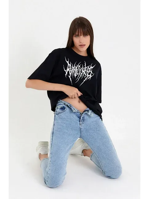 Kadın Baskılı T-shirt Kısa Kol Bisiklet Yaka Oversize Rahat Kalıp Günlük Tişört   - Siyah