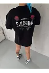 Kadın Bisiklet Yaka Baskılı Kısa Kol Oversize T-shirt - Siyah