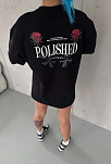 Kadın Bisiklet Yaka Baskılı Kısa Kol Oversize T-shirt - Siyah