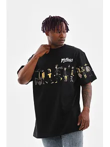 Erkek Kısa Kol Yazlık Tişört Bisiklet Yaka Baskılı Oversize T-shirt - Siyah