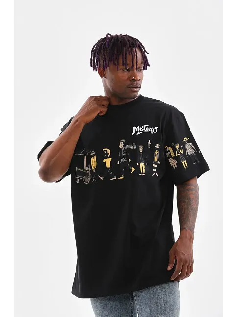 Erkek Kısa Kol Yazlık Tişört Bisiklet Yaka Baskılı Oversize T-shirt - Siyah