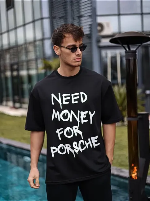 Erkek Tişört Bisiklet Yaka Baskılı Kısa Kol Oversize T-shirt - Siyah