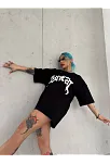 Kadın Bisiklet Yaka Baskılı Oversize Kısa Kol  T-shirt - Siyah