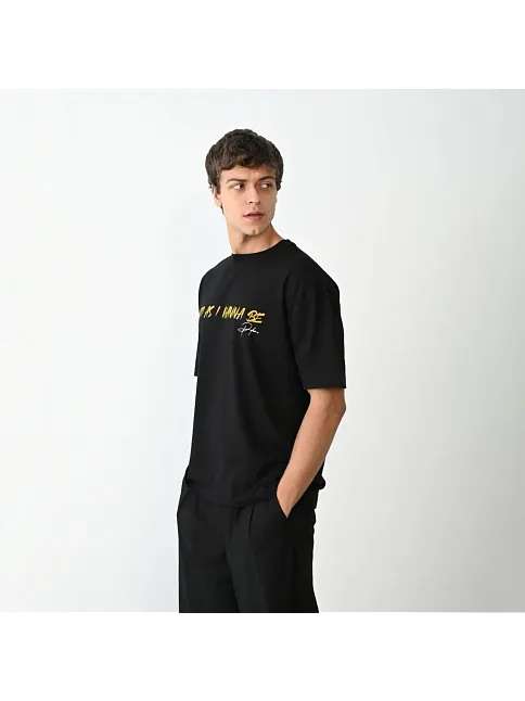 Erkek Baskılı T-shirt Kısa Kol Bisiklet Yaka Regular Fit Rahat Kalıp Günlük Tişört - Siyah