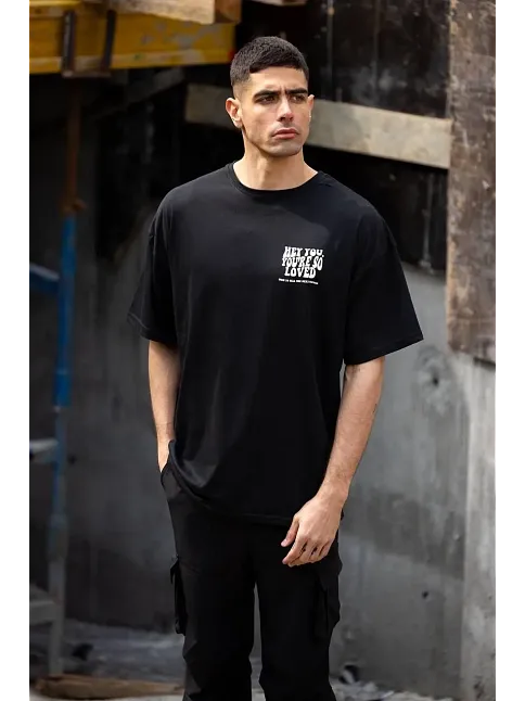 Erkek Kısa Kol Yazlık Tişört Bisiklet Yaka Baskılı Oversize T-shirt - Siyah