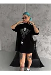 Kadın Bisiklet Yaka Baskılı Oversize  Kısa Kol T-shirt - Siyah