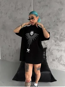 Kadın Bisiklet Yaka Baskılı Oversize  Kısa Kol T-shirt - Siyah