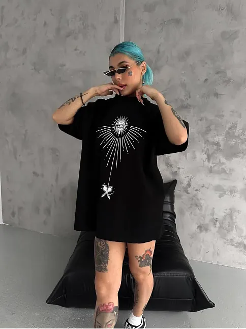 Kadın Bisiklet Yaka Baskılı Oversize  Kısa Kol T-shirt - Siyah
