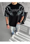 Erkek Bisiklet Yaka Tişört Yıldırım Şimşek Baskılı Kısa Kol T-shirt -siyah