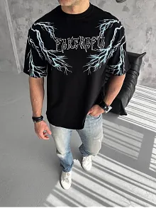 Erkek Bisiklet Yaka Tişört Yıldırım Şimşek Baskılı Kısa Kol T-shirt -siyah
