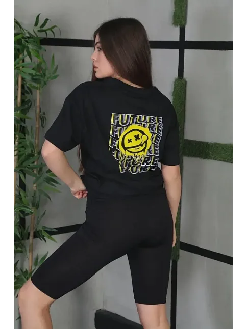 Kadın Bisiklet Yaka Baskılı  Kısa Kol Oversize T-shirt - Siyah