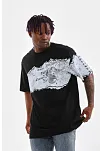 Erkek  Bisiklet Yaka Baskılı Oversize T-shirt - Siyah