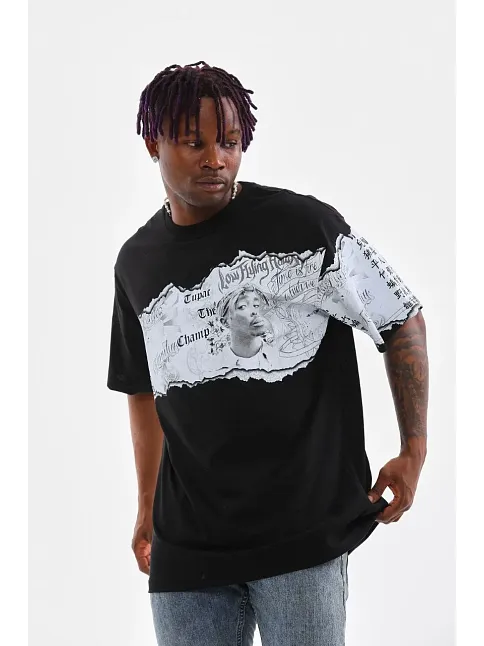 Erkek  Bisiklet Yaka Baskılı Oversize T-shirt - Siyah