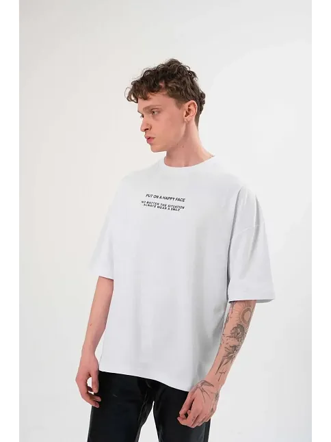 Erkek Kısa Kol Yazlık Tişört Bisiklet Yaka Baskılı Oversize T-shirt - Beyaz