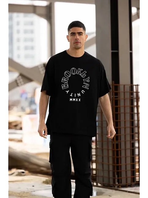 Erkek Baskılı T-shirt Kısa Kol Bisiklet Yaka Regular Fit Rahat Kalıp Günlük Tişört - Siyah