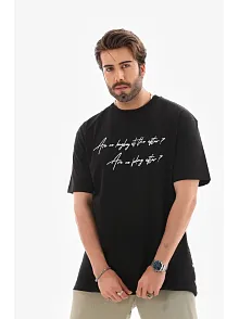Erkek Kısa Kol Yazlık Tişört Bisiklet Yaka Baskılı Oversize T-shirt - Siyah