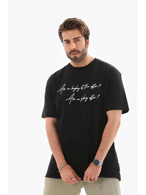 Erkek Kısa Kol Yazlık Tişört Bisiklet Yaka Baskılı Oversize T-shirt - Siyah
