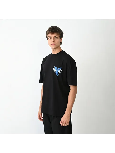 Erkek Baskılı T-shirt Kısa Kol Bisiklet Yaka Regular Fit Rahat Kalıp Günlük Tişört - Siyah