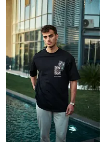 Erkek Kısa Kol Yazlık Tişört Bisiklet Yaka Baskılı Oversize T-shirt - Siyah