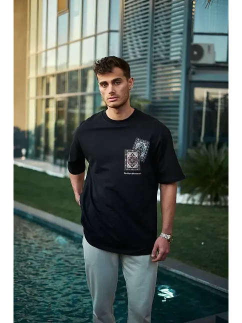 Erkek Kısa Kol Yazlık Tişört Bisiklet Yaka Baskılı Oversize T-shirt - Siyah