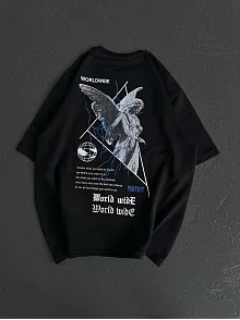 Kadın Baskılı T-shirt Kısa Kol Bisiklet Yaka Oversize Rahat Kalıp Günlük Tişört   - Siyah