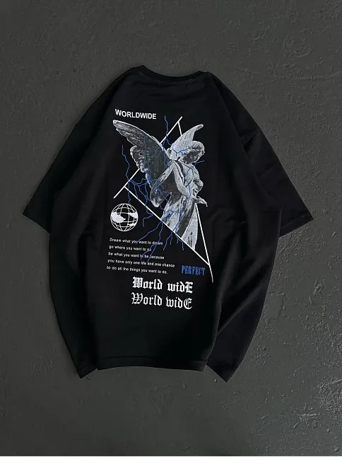 Kadın Baskılı T-shirt Kısa Kol Bisiklet Yaka Oversize Rahat Kalıp Günlük Tişört   - Siyah