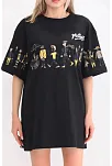 Kadın Kısa Kol Yazlık Tişört Bisiklet Yaka Baskılı Oversize T-shirt - Siyah