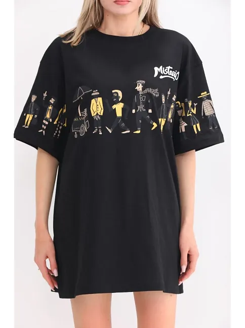 Kadın Kısa Kol Yazlık Tişört Bisiklet Yaka Baskılı Oversize T-shirt - Siyah