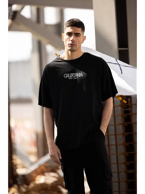 Erkek Baskılı T-shirt Kısa Kol Bisiklet Yaka Regular Fit Rahat Kalıp Günlük Tişört - Siyah