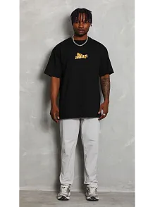 Erkek Kısa Kol Yazlık Tişört Bisiklet Yaka Baskılı Oversize T-shirt - Siyah