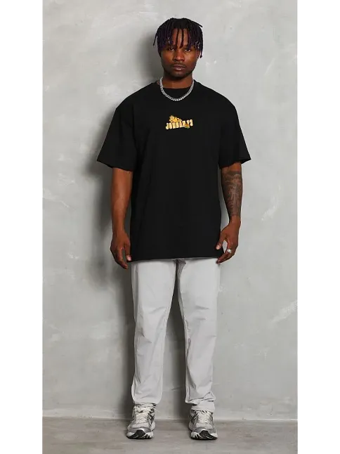 Erkek Kısa Kol Yazlık Tişört Bisiklet Yaka Baskılı Oversize T-shirt - Siyah