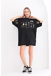 Kadın Kısa Kol Yazlık Tişört Bisiklet Yaka Baskılı Oversize T-shirt - Siyah
