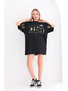Kadın Kısa Kol Yazlık Tişört Bisiklet Yaka Baskılı Oversize T-shirt - Siyah