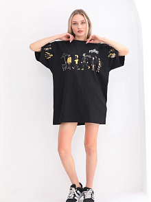 Kadın Kısa Kol Yazlık Tişört Bisiklet Yaka Baskılı Oversize T-shirt - Siyah