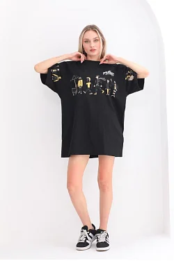 Kadın Kısa Kol Yazlık Tişört Bisiklet Yaka Baskılı Oversize T-shirt - Siyah